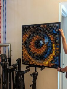 abstract pixelated wood art piece